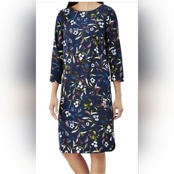 J. Jill Size 2x Watercolor Floral Midi Dress Blue Purple 3/4 Sleeves Pockets - Picture 1 of 9